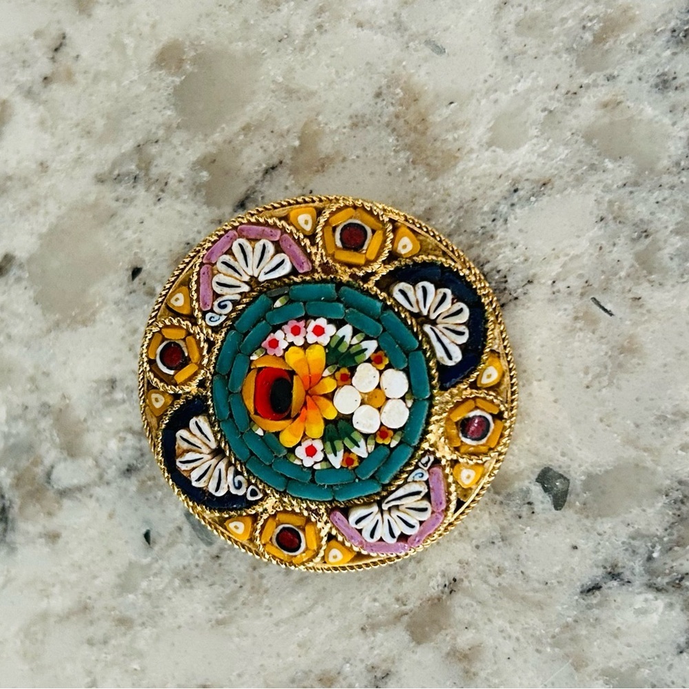 Vintage Micromosaic Floral Millefiori Multicolored Brooch